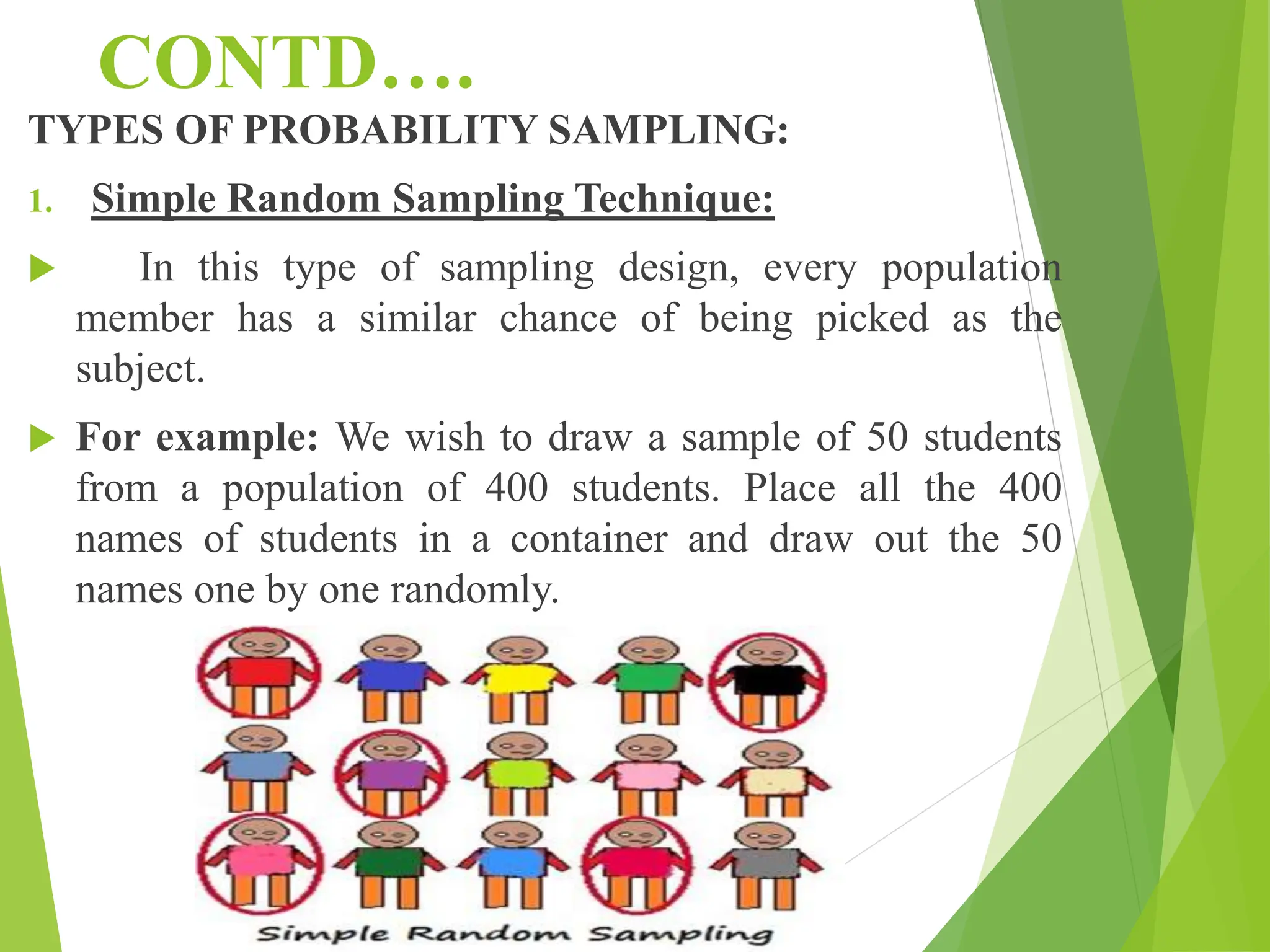 CONTD….
TYPES OF PROBABILITY SAMPLING:
1. Simple Random Sampling Technique:
 In this type of sampling design, every population
member has a similar chance of being picked as the
subject.
 For example: We wish to draw a sample of 50 students
from a population of 400 students. Place all the 400
names of students in a container and draw out the 50
names one by one randomly.
 