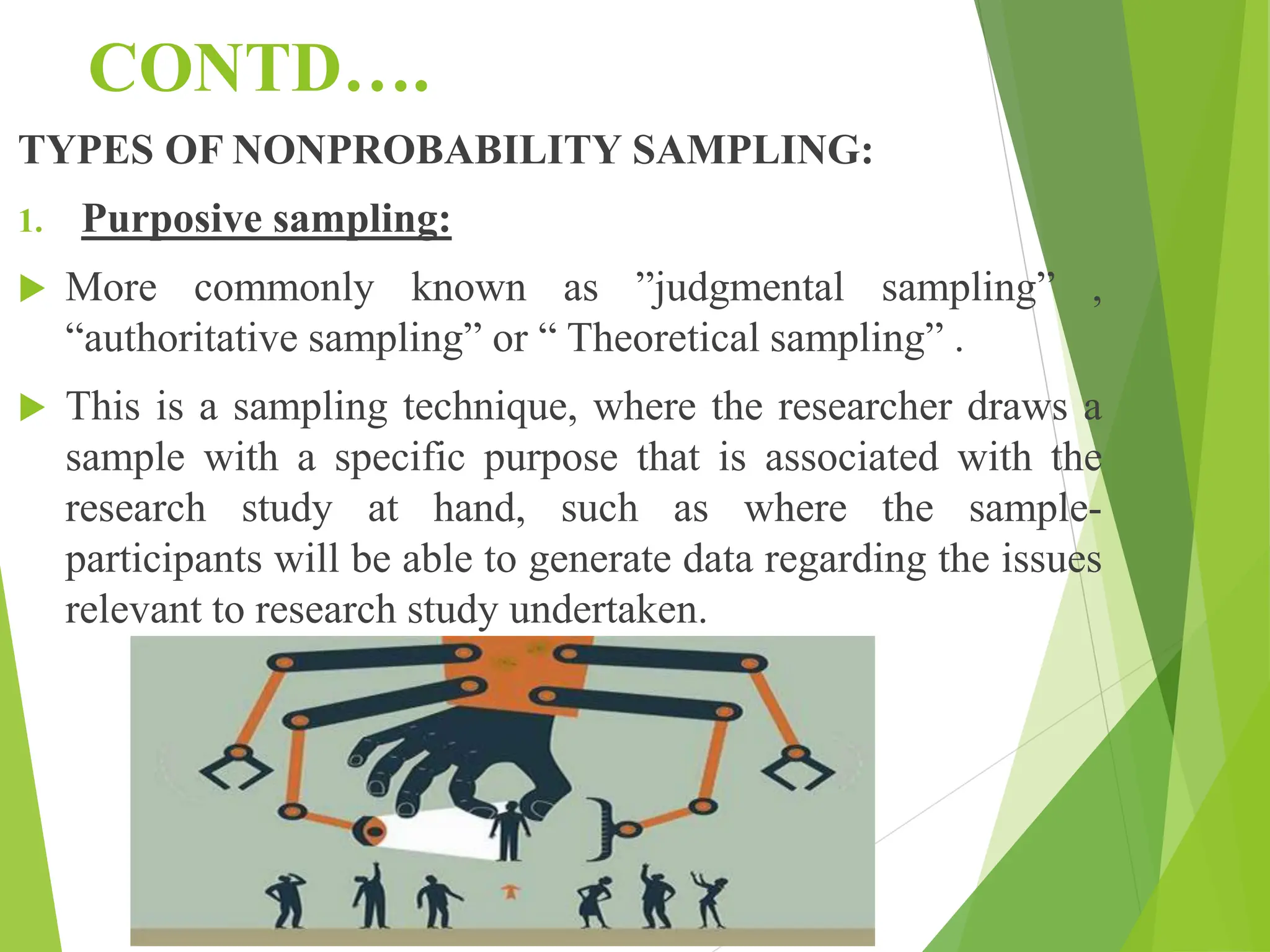 CONTD….
TYPES OF NONPROBABILITY SAMPLING:
1. Purposive sampling:
 More commonly known as ”judgmental sampling” ,
“authoritative sampling” or “ Theoretical sampling” .
 This is a sampling technique, where the researcher draws a
sample with a specific purpose that is associated with the
research study at hand, such as where the sample-
participants will be able to generate data regarding the issues
relevant to research study undertaken.
 