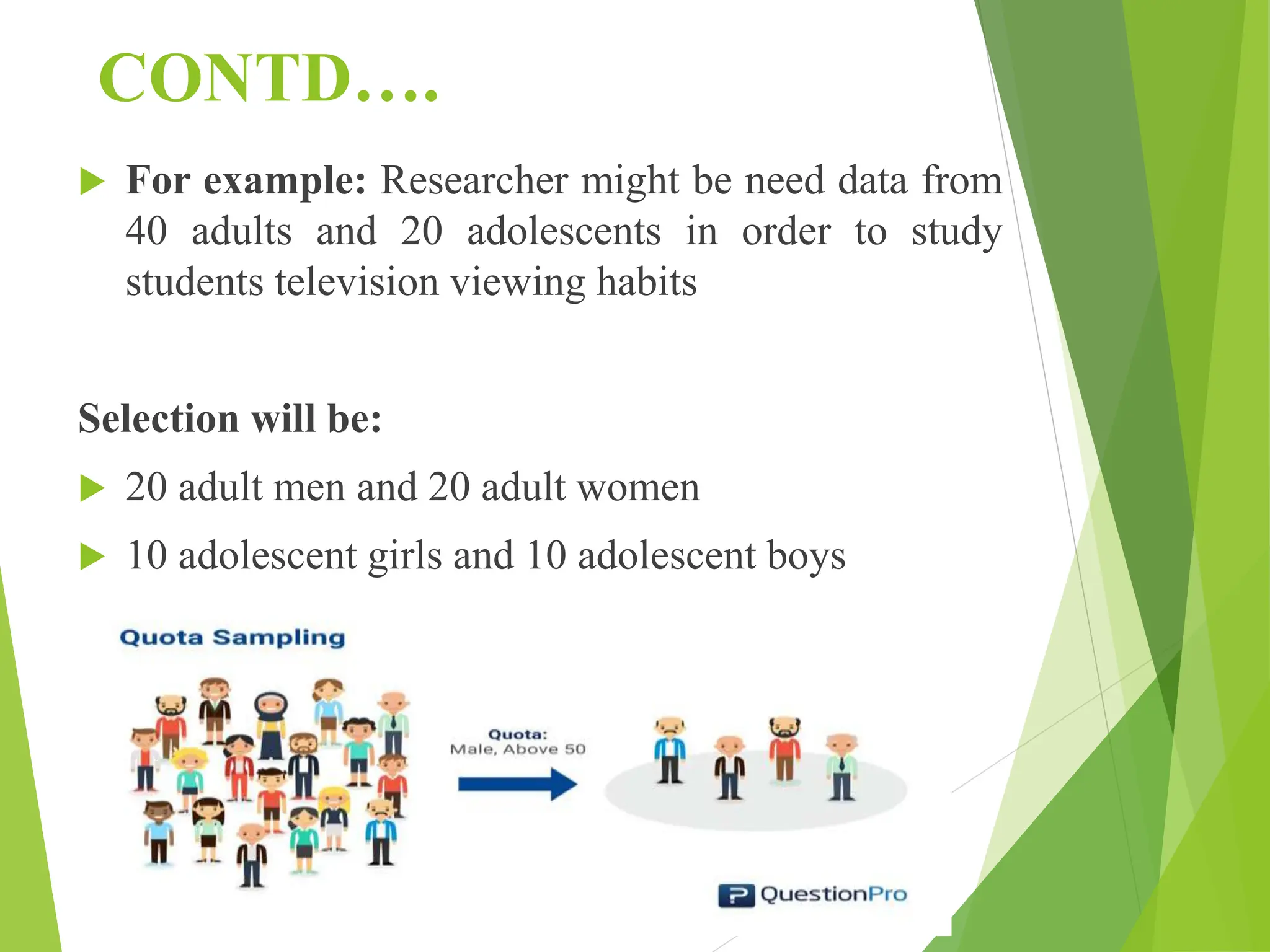 CONTD….
 For example: Researcher might be need data from
40 adults and 20 adolescents in order to study
students television viewing habits
Selection will be:
 20 adult men and 20 adult women
 10 adolescent girls and 10 adolescent boys
 