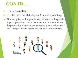 CONTD….
4. Cluster sampling:
 It is also called as Multistage or Multi-step sampling.
 This sampling techniques is used where a widespread,
large population is to be studied and in cases where
the population elements are scattered over a wide area
and is impossible to obtain the list of all the elements.
 