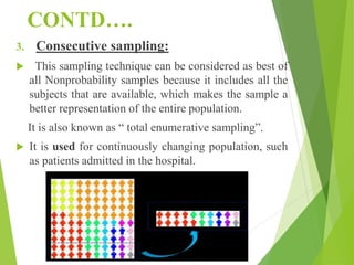 CONTD….
3. Consecutive sampling:
 This sampling technique can be considered as best of
all Nonprobability samples because it includes all the
subjects that are available, which makes the sample a
better representation of the entire population.
It is also known as “ total enumerative sampling”.
 It is used for continuously changing population, such
as patients admitted in the hospital.
 