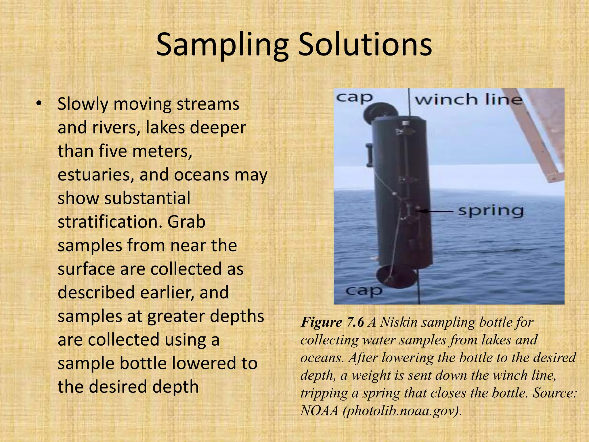 Sampling Solutions
• Slowly moving streams
and rivers, lakes deeper
than five meters,
estuaries, and oceans may
show substantial
stratification. Grab
samples from near the
surface are collected as
described earlier, and
samples at greater depths
are collected using a
sample bottle lowered to
the desired depth
Figure 7.6 A Niskin sampling bottle for
collecting water samples from lakes and
oceans. After lowering the bottle to the desired
depth, a weight is sent down the winch line,
tripping a spring that closes the bottle. Source:
NOAA (photolib.noaa.gov).
 