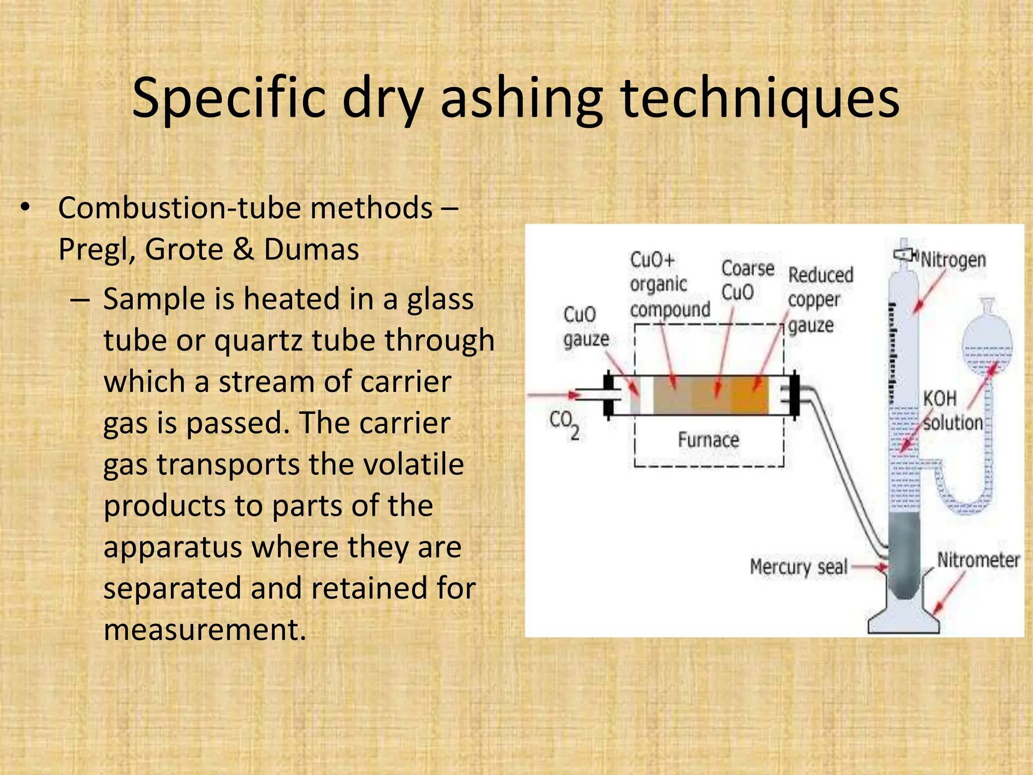 Specific dry ashing techniques
• Combustion-tube methods –
Pregl, Grote & Dumas
– Sample is heated in a glass
tube or quartz tube through
which a stream of carrier
gas is passed. The carrier
gas transports the volatile
products to parts of the
apparatus where they are
separated and retained for
measurement.
 