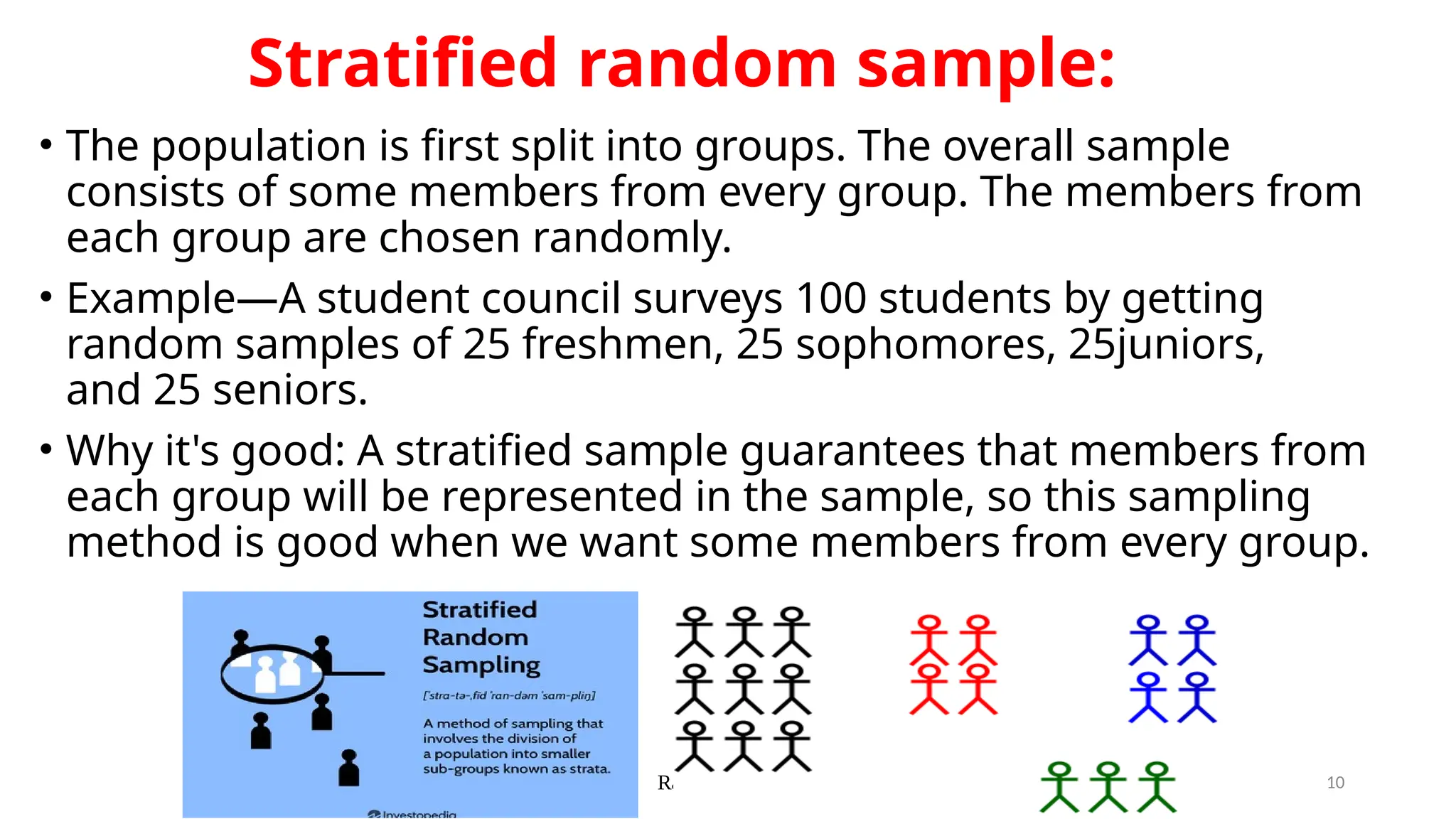 Ravinandan A P 10
Stratified random sample:
• The population is first split into groups. The overall sample
consists of some members from every group. The members from
each group are chosen randomly.
• Example—A student council surveys 100 students by getting
random samples of 25 freshmen, 25 sophomores, 25juniors,
and 25 seniors.
• Why it's good: A stratified sample guarantees that members from
each group will be represented in the sample, so this sampling
method is good when we want some members from every group.
 