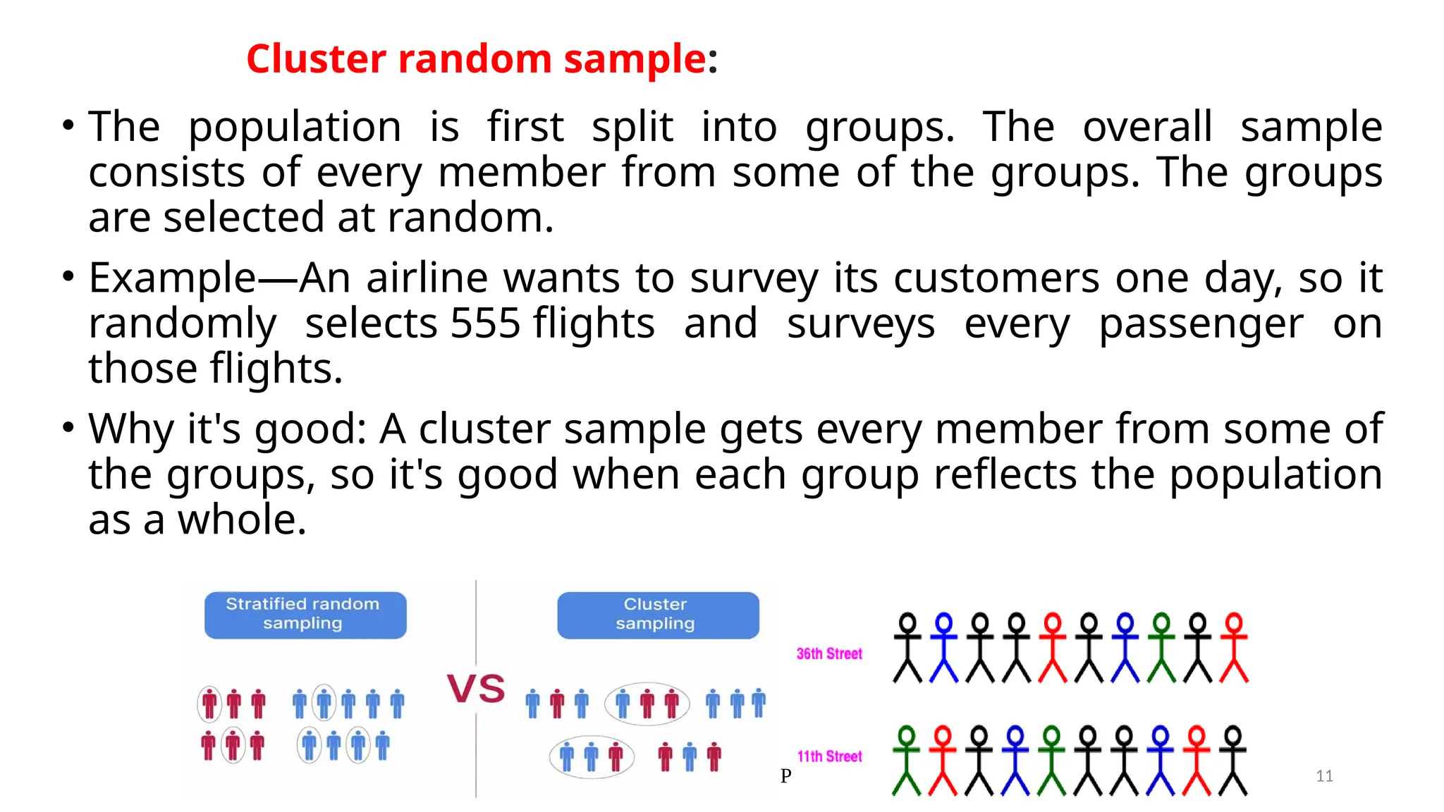 Ravinandan A P 11
Cluster random sample:
• The population is first split into groups. The overall sample
consists of every member from some of the groups. The groups
are selected at random.
• Example—An airline wants to survey its customers one day, so it
randomly selects 555 flights and surveys every passenger on
those flights.
• Why it's good: A cluster sample gets every member from some of
the groups, so it's good when each group reflects the population
as a whole.
 