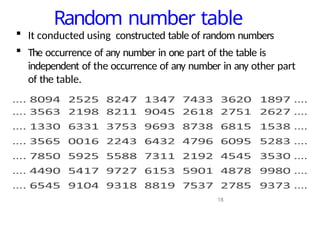Random number table
18
 It conducted using constructed table of random numbers
 The occurrence of any number in one part of the table is
independent of the occurrence of any number in any other part
of the table.
 