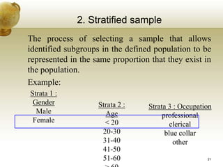 2. Stratified sample
The process of selecting a sample that allows
identified subgroups in the defined population to be
represented in the same proportion that they exist in
the population.
Example:
Strata 1 :
Gender
Male
Female
Strata 2 :
Age
< 20
20-30
31-40
41-50
51-60
Strata 3 : Occupation
professional
clerical
blue collar
other
21
 