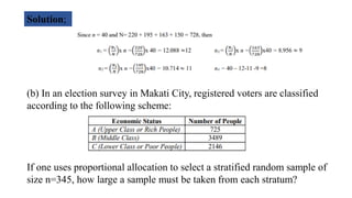 (b) In an election survey in Makati City, registered voters are classified
according to the following scheme:
If one uses proportional allocation to select a stratified random sample of
size n=345, how large a sample must be taken from each stratum?
Solution;
 