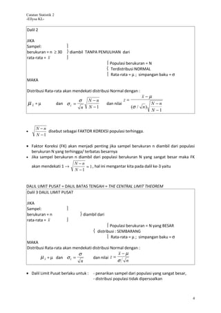 Catatan Statistik 2
-Ellysa KL-

Dalil 2

JIKA
Sampel:                   
berukuran = n ≥ 30         diambil TANPA PEMULIHAN dari
rata-rata = x             
                                              Populasi berukuran = N
                                              Terdistribusi NORMAL
                                              Rata-rata = µ ; simpangan baku = σ
MAKA

Distribusi Rata-rata akan mendekati distribusi Normal dengan :
                                                                       x−µ
                                σ    N −n                    z=
 µx =µ                dan σ x =                  dan nilai                 N −n
                                 n   N −1                         (σ / n )
                                                                           N −1


      N −n
•          disebut sebagai FAKTOR KOREKSI populasi terhingga.
      N −1

• Faktor Koreksi (FK) akan menjadi penting jika sampel berukuran n diambil dari populasi
  berukuran N yang terhingga/ terbatas besarnya
• Jika sampel berukuran n diambil dari populasi berukuran N yang sangat besar maka FK
                         N −n
  akan mendekati 1 →           ≈ 1 , hal ini mengantar kita pada dalil ke-3 yaitu
                         N −1


DALIL LIMIT PUSAT = DALIL BATAS TENGAH = THE CENTRAL LIMIT THEOREM
Dalil 3 DALIL LIMIT PUSAT

JIKA
Sampel:                   
berukuran = n                    diambil dari
rata-rata = x             
                                                Populasi berukuran = N yang BESAR
                                        distribusi : SEMBARANG
                                                Rata-rata = µ ; simpangan baku = σ
MAKA
Distribusi Rata-rata akan mendekati distribusi Normal dengan :
                                σ                      x−µ
          µ x = µ dan σ x =            dan nilai z =
                                 n                     σ n

• Dalil Limit Pusat berlaku untuk :    - penarikan sampel dari populasi yang sangat besar,
                                       - distribusi populasi tidak dipersoalkan



                                                                                             4
 