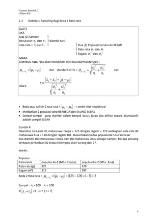 Catatan Statistik 2
-Ellysa KL-

2.3       Distribusi Sampling Bagi Beda 2 Rata-rata

Dalil 5
JIKA
Dua (2) Sampel        
berukuran n1 dan n2  diambil dari
rata-rata = x1 dan x2                              Dua (2) Populasi berukuran BESAR
                                                    Rata-rata µ1 dan µ2
                                                    Ragam σ12 dan σ 2 2
MAKA
Distribusi Rata-rata akan mendekati distribusi Normal dengan :
                                                                   σ12 σ2 2
µx1 − x2 = µ1 − µ2           dan standard error =    σ x1 − x2   =    +          dan
                                                                   n1 n2
                           x1 − x2 − µ1 − µ2
                      z=
nilai z                          σ12 σ2 2
                                    +
                                 n1 n2


• Beda atau selisih 2 rata-rata =     µ1 − µ2 → ambil nilai mutlaknya!
• Melibatkan 2 populasi yang BERBEDA dan SALING BEBAS
• Sampel-sampel yang diambil dalam banyak kasus (atau jika dilihat secara akumulatif)
  adalah sampel BESAR

Contoh 4:
Diketahui rata-rata IQ mahasiswa Eropa = 125 dengan ragam = 119 sedangkan rata-rata IQ
mahasiswa Asia = 128 dengan ragam 181. diasumsikan kedua populasi berukuran besar
Jika diambil 100 mahasiswa Eropa dan 100 mahasiswa Asia sebagai sampel, berapa peluang
terdapat perbedaan IQ kedua kelompok akan kurang dari 2?

Jawab :

Populasi
Parameter             populasi ke-1 (Mhs. Eropa)         populasi ke-2 (Mhs. Asia)
Rata-rata (µ)         125                                128
Ragam (σ²)            119                                181
Beda 2 Rata-rata =     µx1 − x2 = µ1 − µ2 = 125 − 128 = − 3 = 3

Sampel : n1 = 100 n2 = 100
P( x 1 − x 2 <2 ) = P ( z < ?)




                                                                                        9
 