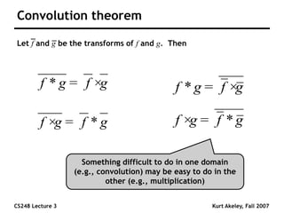 CS248 Lecture 3 Kurt Akeley, Fall 2007
Convolution theorem
Let f and g be the transforms of f and g. Then
f g f g
* = ×
f g f g
× = *
f g f g
* = ×
f g f g
× = *
Something difficult to do in one domain
(e.g., convolution) may be easy to do in the
other (e.g., multiplication)
 