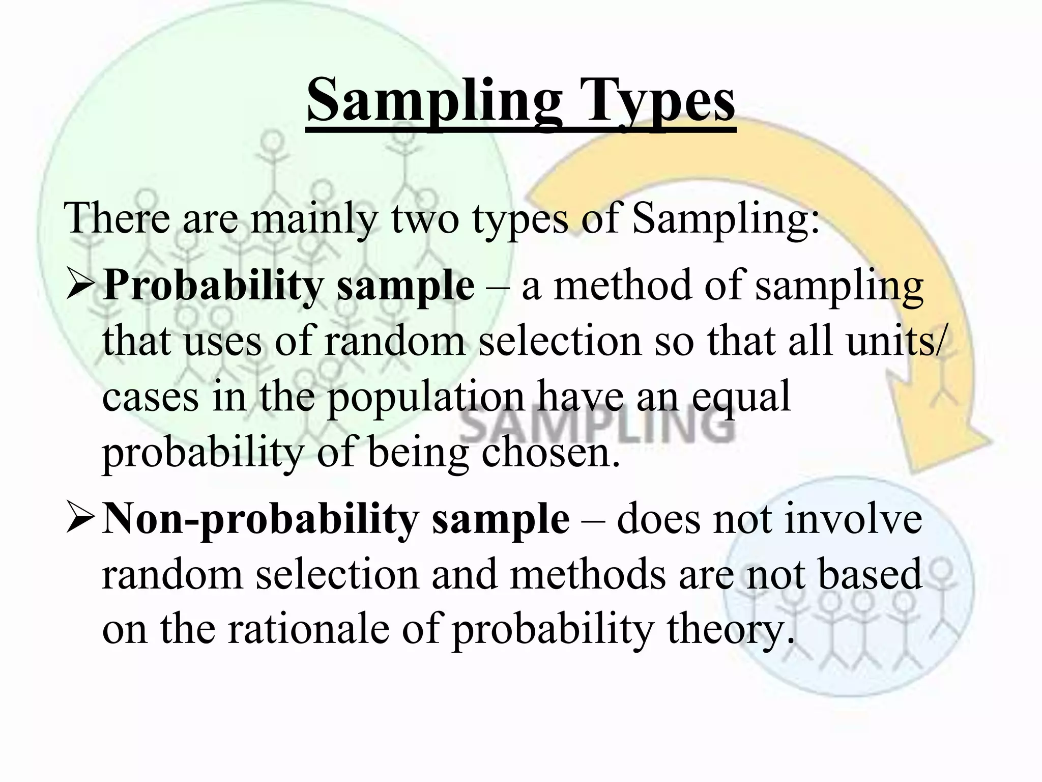 Sampling Types
There are mainly two types of Sampling:
Probability sample – a method of sampling
that uses of random selection so that all units/
cases in the population have an equal
probability of being chosen.
Non-probability sample – does not involve
random selection and methods are not based
on the rationale of probability theory.
 