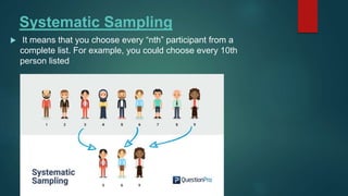 Systematic Sampling
 It means that you choose every “nth” participant from a
complete list. For example, you could choose every 10th
person listed
 