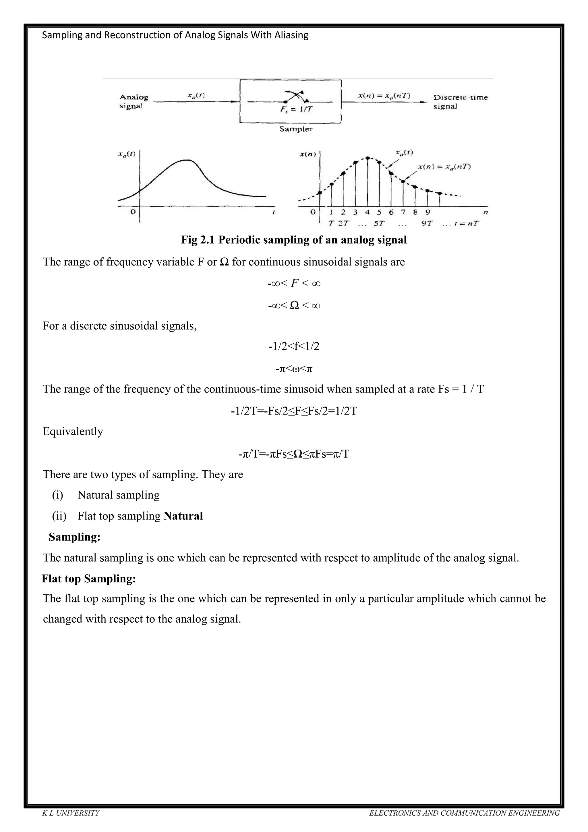 Sampling and Reconstruction of Analog Signals With Aliasing
K L UNIVERSITY ELECTRONICS AND COMMUNICATION ENGINEERING
Fig 2.1 Periodic sampling of an analog signal
The range of frequency variable F or Ω for continuous sinusoidal signals are
-∞< F < ∞
-∞< Ω < ∞
For a discrete sinusoidal signals,
-1/2<f<1/2
-π<ω<π
The range of the frequency of the continuous-time sinusoid when sampled at a rate Fs = 1 / T
-1/2T=-Fs/2≤F≤Fs/2=1/2T
Equivalently
-π/T=-πFs≤Ω≤πFs=π/T
There are two types of sampling. They are
(i) Natural sampling
(ii) Flat top sampling Natural
Sampling:
The natural sampling is one which can be represented with respect to amplitude of the analog signal.
Flat top Sampling:
The flat top sampling is the one which can be represented in only a particular amplitude which cannot be
changed with respect to the analog signal.
 