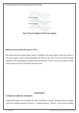 Sampling and Reconstruction of Analog Signals With Aliasing
K L UNIVERSITY ELECTRONICS AND COMMUNICATION ENGINEERING
Fig.2.2 Natural Sampling and Flat-Top sampling.
Difference between them with respect to Noise:
The sample take the top signals shape ( respect to amplitude of the analog signal ) which mean if there is
noise above signal , when it will be demodulate with LBF (low pass filter ) it will cut from the original
signal but in Flat top sampling the sample shape will be lated so if there is noise we can remove it easily
and the signal we be like it transmitted without any noise.
CHAPTER 3
3. NYQUIST SAMPLING THEOREM:
A band limited signal x(t) with x(jΩ)=0 for |Ω|=0 for |Ω|>Ωm is uniquely determined from its samples
x(nT),if the sampling frequency fs≥2fmax,i.e., sampling frequency must be at least twice the highest
 