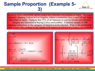 Sample Proportion (Example 53)

Slide 22

In recent years, convertible sports coupes have become very popular in Japan. Toyota is
currently shipping Celicas to Los Angeles, where a customizer does a roof lift and ships
them back to Japan. Suppose that 25% of all Japanese in a given income and lifestyle
category are interested in buying Celica convertibles. A random sample of 100
Japanese consumers in the category of interest is to be selected. What is the probability
that at least 20% of those in the sample will express an interest in a Celica convertible?
n  100
p  0.25
np  (100 )( 0.25)  25  E ( p )

p (1  p )
n



p (1  p )
n

(.25)(.75)
100



 0.001875  V ( p )


0.001875  0.04330127  SD ( p )




 p p
.20  p 


P( p  0.20 )  P

 p (1  p ) p ( 1  p ) 



n
n



.20  .25 
  .05 
 P z 
  P z  .0433


(.25)(.75) 



100
 P( z  1.15)  0.8749

Sampling and Sampling Distributions By Shakeel Nouman M.Phil Statistics Govt. College University Lahore, Statistical Officer

 
