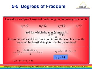 5-5 Degrees of Freedom

Slide 30

Consider a sample of size n=4 containing the following data points:
x1=10

x2=12

x3=16

x4=?

and for which the sample x
 mean is:
x
 14
n
Given the values of three data points and the sample mean, the
value of the fourth data point can be determined:
 x 12  14  16  x4
x=

 14
n
4
12  14  16  x  56
4

x4  56  12  14  16

x 56
x 4 4= 14

Sampling and Sampling Distributions By Shakeel Nouman M.Phil Statistics Govt. College University Lahore, Statistical Officer

 
