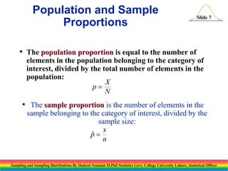 Population and Sample
Proportions
•

•

Slide 7

The population proportion is equal to the number of
elements in the population belonging to the category of
interest, divided by the total number of elements in the
population:
X
p
N
The sample proportion is the number of elements in the
sample belonging to the category of interest, divided by the
sample size:
x

p
n

Sampling and Sampling Distributions By Shakeel Nouman M.Phil Statistics Govt. College University Lahore, Statistical Officer

 