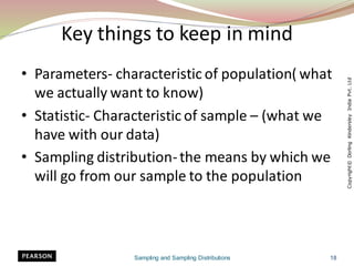 Sampling and Sampling Distributions 18
Key things to keep in mind
• Parameters- characteristic of population( what
we actually want to know)
• Statistic- Characteristic of sample – (what we
have with our data)
• Sampling distribution-the means by which we
will go from our sample to the population
 