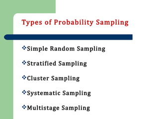 Types of Probability Sampling
Simple Random Sampling
Stratified Sampling
Cluster Sampling
Systematic Sampling
Multistage Sampling
 