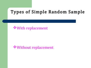 Types of Simple Random Sample
With replacement
Without replacement
 