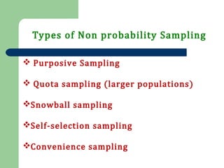 Types of Non probability Sampling
 Purposive Sampling
 Quota sampling (larger populations)
Snowball sampling
Self-selection sampling
Convenience sampling
 