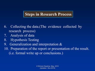 6. Collecting the data.(The evidence collected by
research process)
7. Analysis of data
8. Hypothesis Testing
9. Generalization and interpretation &
10. Preparation of the report or presentation of the result.
(i.e. formal write up or conclusions.)
© Shriram Dawkhar, May- 2010
(Updated - Nov-2019)
 