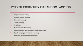 TYPES OF PROBABILITY OR RANDOM SAMPLING
1. Simple random sampling
2. Stratified random sampling
3. Systematic sampling
4. Cluster sampling
5. Area family
6. Multistage and sub sampling
7. Random sampling with probability proportional to size
8. Double sampling and multiphase sampling
9. Replicated or interpenetrating sampling
 
