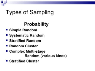 Types of Sampling
Probability
 Simple Random
 Systematic Random
 Stratified Random
 Random Cluster
 Complex Multi-stage
Random (various kinds)
 Stratified Cluster
 