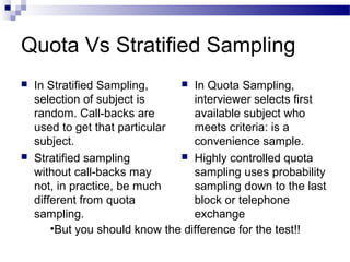Quota Vs Stratified Sampling
 In Stratified Sampling,
selection of subject is
random. Call-backs are
used to get that particular
subject.
 Stratified sampling
without call-backs may
not, in practice, be much
different from quota
sampling.
 In Quota Sampling,
interviewer selects first
available subject who
meets criteria: is a
convenience sample.
 Highly controlled quota
sampling uses probability
sampling down to the last
block or telephone
exchange
•But you should know the difference for the test!!
 