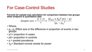 For Case-Control Studies
Formula for sample size calculation for comparison between two groups
when endpoint is quanlitative data
𝑆𝑎𝑚𝑝𝑙𝑒 𝑠𝑖𝑧𝑒 =
𝑟 + 1
𝑟
×
(𝑍𝛼/2 × 𝑍𝛽)2 𝑝(1 − 𝑝)
(𝑝1 − 𝑝2)
2
• Where,
• p1- p2 Effect size or the difference in proportion of events in two
groups
• p1= proportion in cases
• p2= proportion in controls
• p = pooled prevalence
• 𝑍𝛽= Standard normal variate for power
Prabesh Ghimire, MPH 66
 