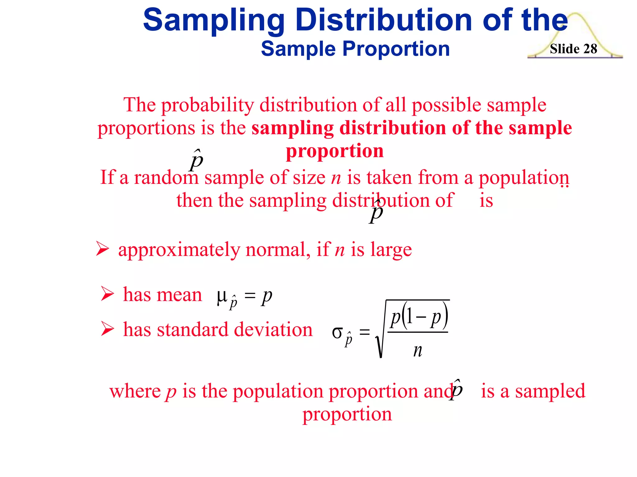 Sampling Distribution of the
Sample Proportion

Slide 28

The probability distribution of all possible sample
proportions is the sampling distribution of the sample
proportion
ˆ
p
If a random sample of size n is taken from a population
then the sampling distribution of is
ˆ

p

 approximately normal, if n is large
 has mean m ˆ  p
p

p1  p 
 has standard deviation s ˆp 
n
p
where p is the population proportion andˆ is a sampled
proportion

 