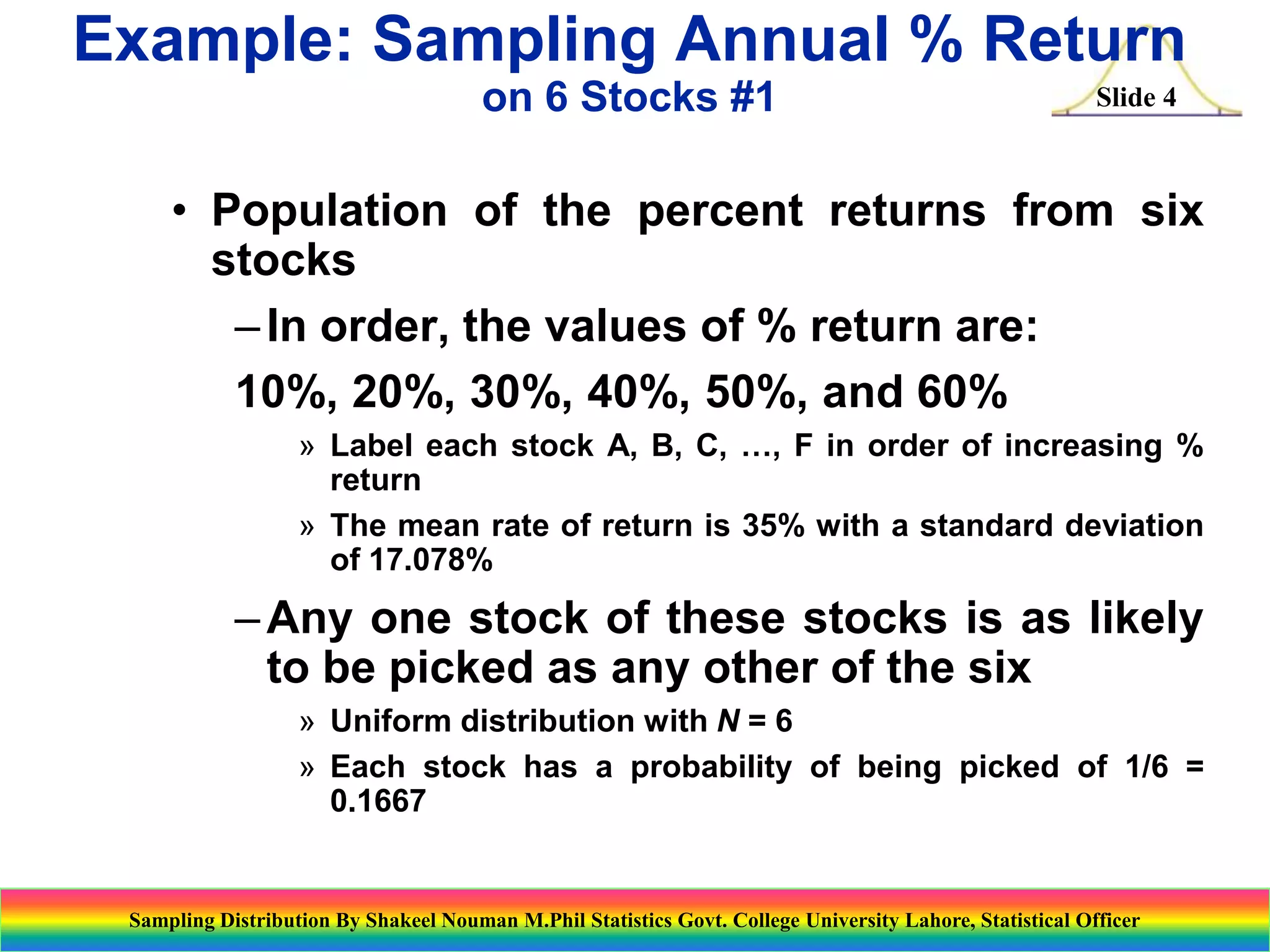Example: Sampling Annual % Return
on 6 Stocks #1

Slide 4

• Population of the percent returns from six
stocks
– In order, the values of % return are:
10%, 20%, 30%, 40%, 50%, and 60%
» Label each stock A, B, C, …, F in order of increasing %
return
» The mean rate of return is 35% with a standard deviation
of 17.078%

– Any one stock of these stocks is as likely
to be picked as any other of the six
» Uniform distribution with N = 6
» Each stock has a probability of being picked of 1/6 =
0.1667

Sampling Distribution By Shakeel Nouman M.Phil Statistics Govt. College University Lahore, Statistical Officer

 
