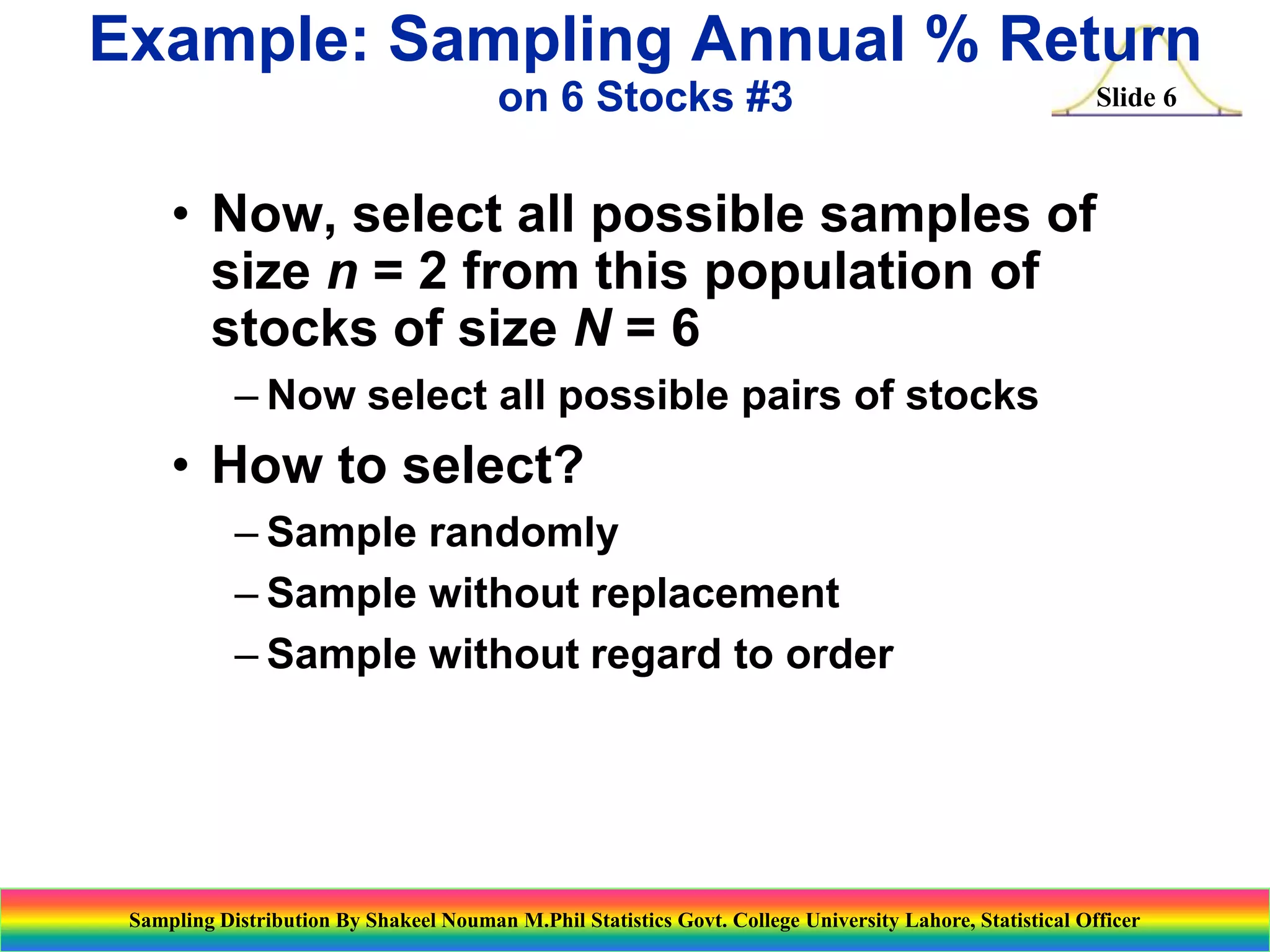 Example: Sampling Annual % Return
on 6 Stocks #3

Slide 6

• Now, select all possible samples of
size n = 2 from this population of
stocks of size N = 6
– Now select all possible pairs of stocks

• How to select?
– Sample randomly
– Sample without replacement
– Sample without regard to order

Sampling Distribution By Shakeel Nouman M.Phil Statistics Govt. College University Lahore, Statistical Officer

 