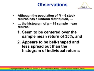 Observations
•
•

Slide 9

Although the population of N = 6 stock
returns has a uniform distribution, …
… the histogram of n = 15 sample mean
returns:

1. Seem to be centered over the
sample mean return of 35%, and
2. Appears to be bell-shaped and
less spread out than the
histogram of individual returns

Sampling Distribution By Shakeel Nouman M.Phil Statistics Govt. College University Lahore, Statistical Officer

 
