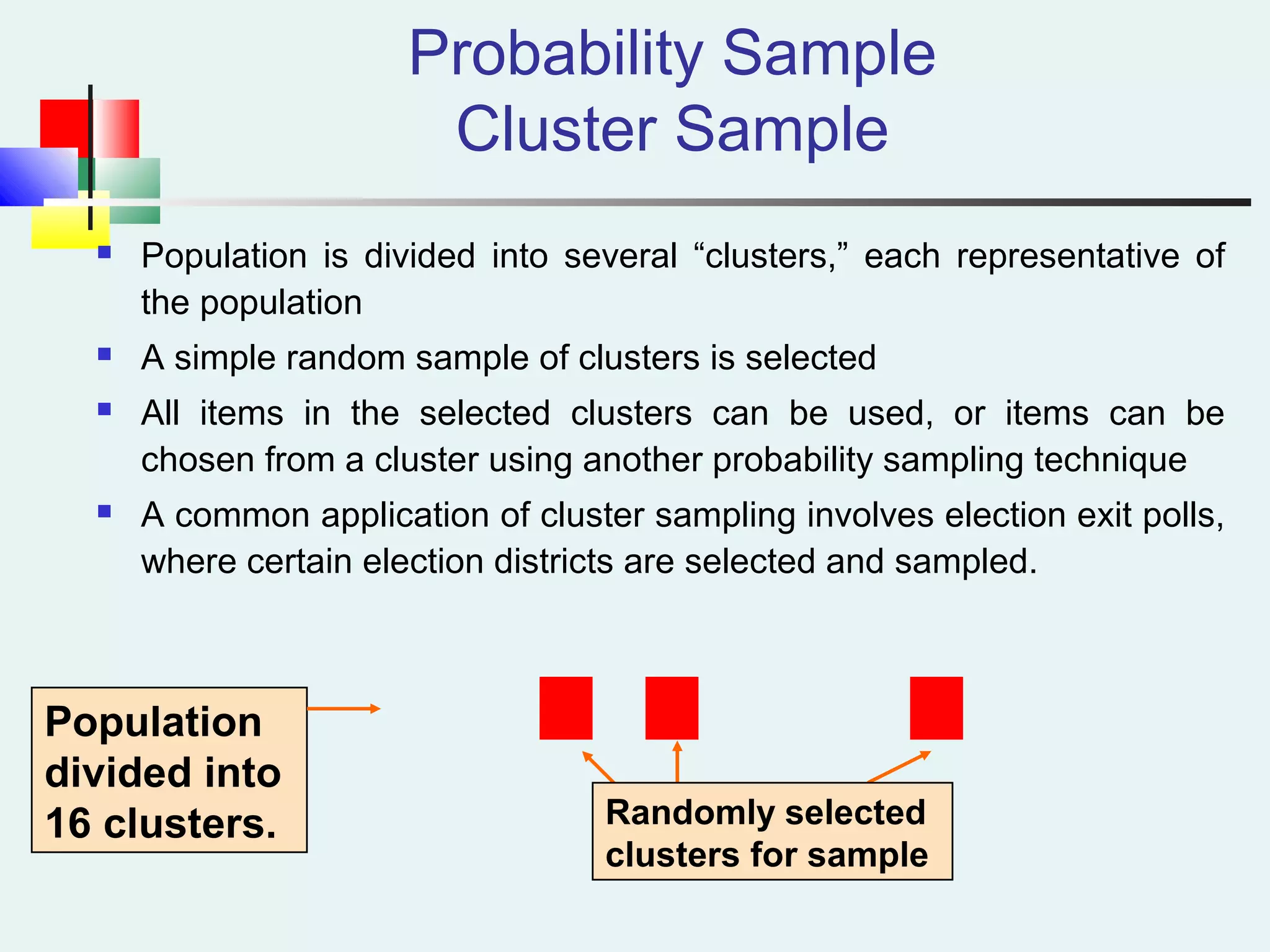 Probability Sample
Cluster Sample
 Population is divided into several “clusters,” each representative of
the population
 A simple random sample of clusters is selected
 All items in the selected clusters can be used, or items can be
chosen from a cluster using another probability sampling technique
 A common application of cluster sampling involves election exit polls,
where certain election districts are selected and sampled.
Population
divided into
16 clusters. Randomly selected
clusters for sample
 