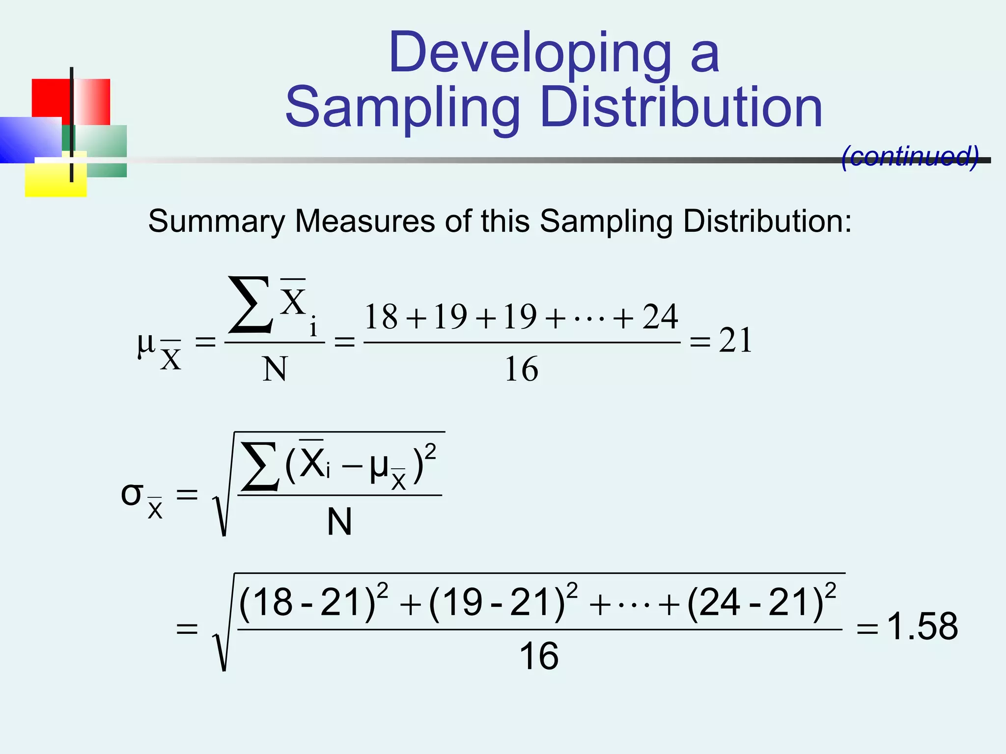 Summary Measures of this Sampling Distribution:
Developing a
Sampling Distribution
(continued)
21
16
24191918
N
X
μ i
X
=
++++
==
∑ 
1.58
16
21)-(2421)-(1921)-(18
N
)μX(
σ
222
2
X
i
X
=
+++
=
−
=
∑

 
