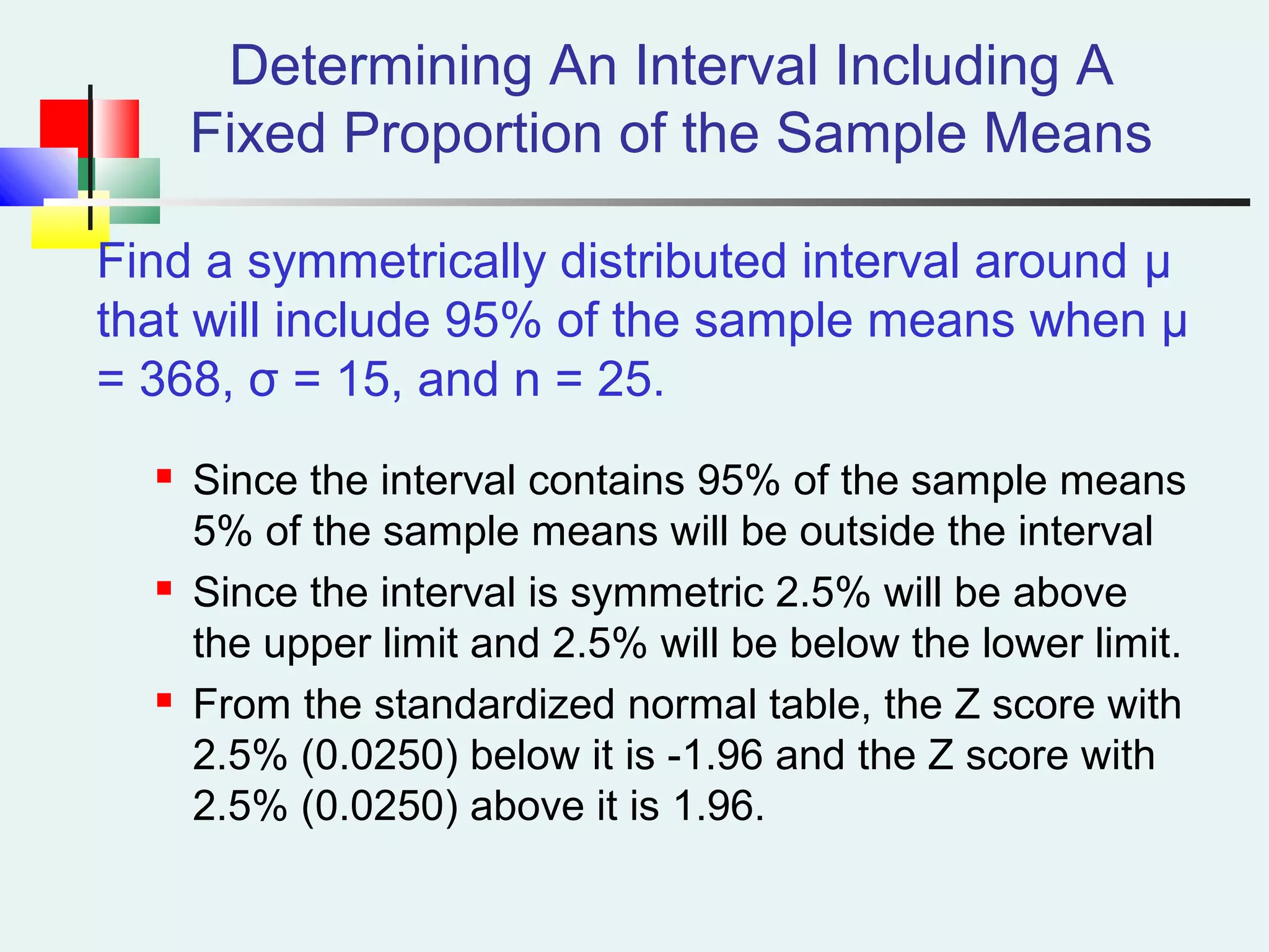 Determining An Interval Including A
Fixed Proportion of the Sample Means
Find a symmetrically distributed interval around µ
that will include 95% of the sample means when µ
= 368, σ = 15, and n = 25.
 Since the interval contains 95% of the sample means
5% of the sample means will be outside the interval
 Since the interval is symmetric 2.5% will be above
the upper limit and 2.5% will be below the lower limit.
 From the standardized normal table, the Z score with
2.5% (0.0250) below it is -1.96 and the Z score with
2.5% (0.0250) above it is 1.96.
 