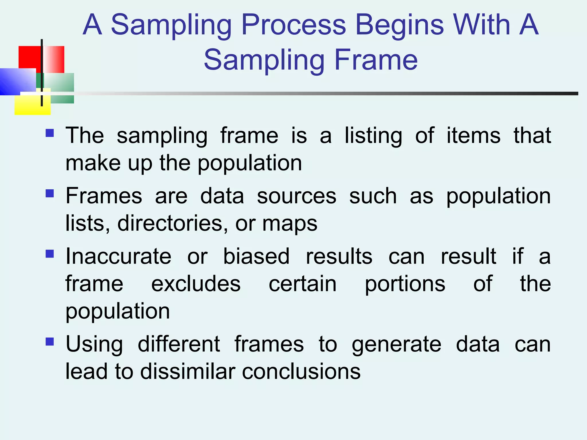 A Sampling Process Begins With A
Sampling Frame
 The sampling frame is a listing of items that
make up the population
 Frames are data sources such as population
lists, directories, or maps
 Inaccurate or biased results can result if a
frame excludes certain portions of the
population
 Using different frames to generate data can
lead to dissimilar conclusions
 