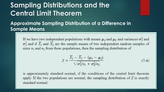 Sampling Distributions and the
Central Limit Theorem
Approximate Sampling Distribution of a Difference in
Sample Means
 