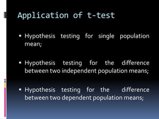 Application of t-test
 Hypothesis testing for single population
mean;
 Hypothesis testing for the difference
between two independent population means;
 Hypothesis testing for the difference
between two dependent population means;
 