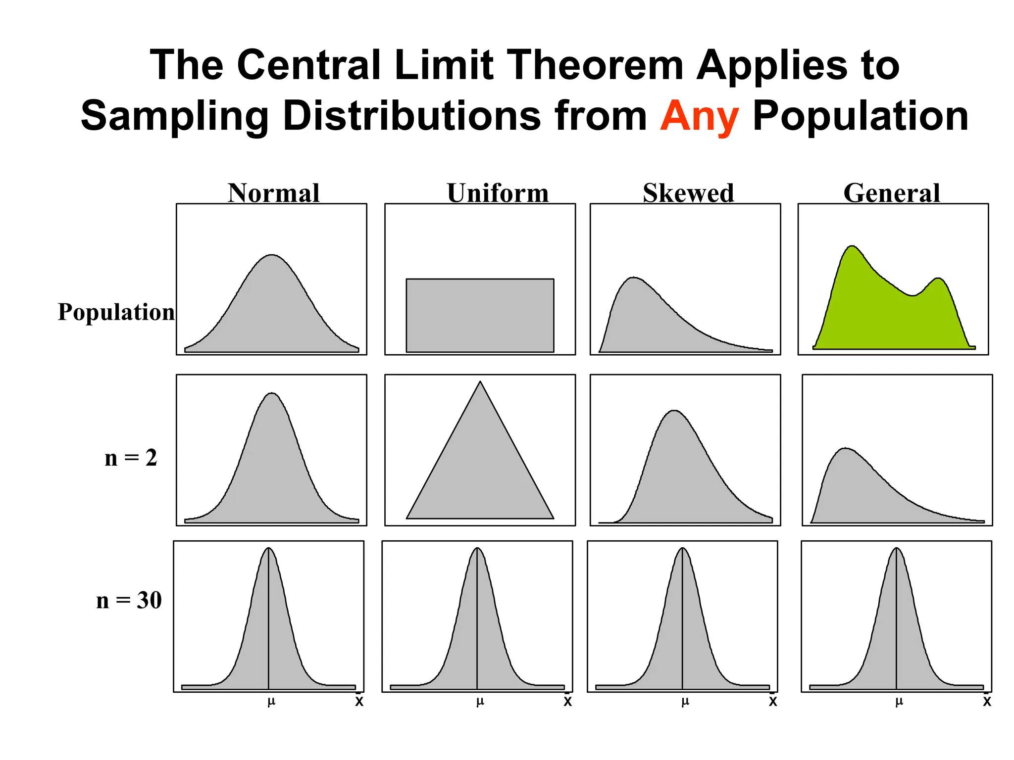 Normal Uniform Skewed
Population
n = 2
n = 30
X

X

X

X

General
The Central Limit Theorem Applies to
Sampling Distributions from Any Population
 