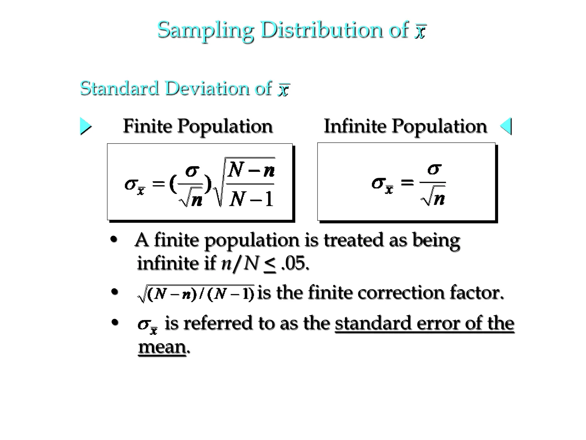 Sampling Distribution of x
Finite Population Infinite Population


x
n
N n
N



( )
1


x
n

• is referred to as the standard error of the
mean.
x
• A finite population is treated as being
infinite if n/N < .05.
• is the finite correction factor.
( ) / ( )
N n N
 1
x
Standard Deviation of
 