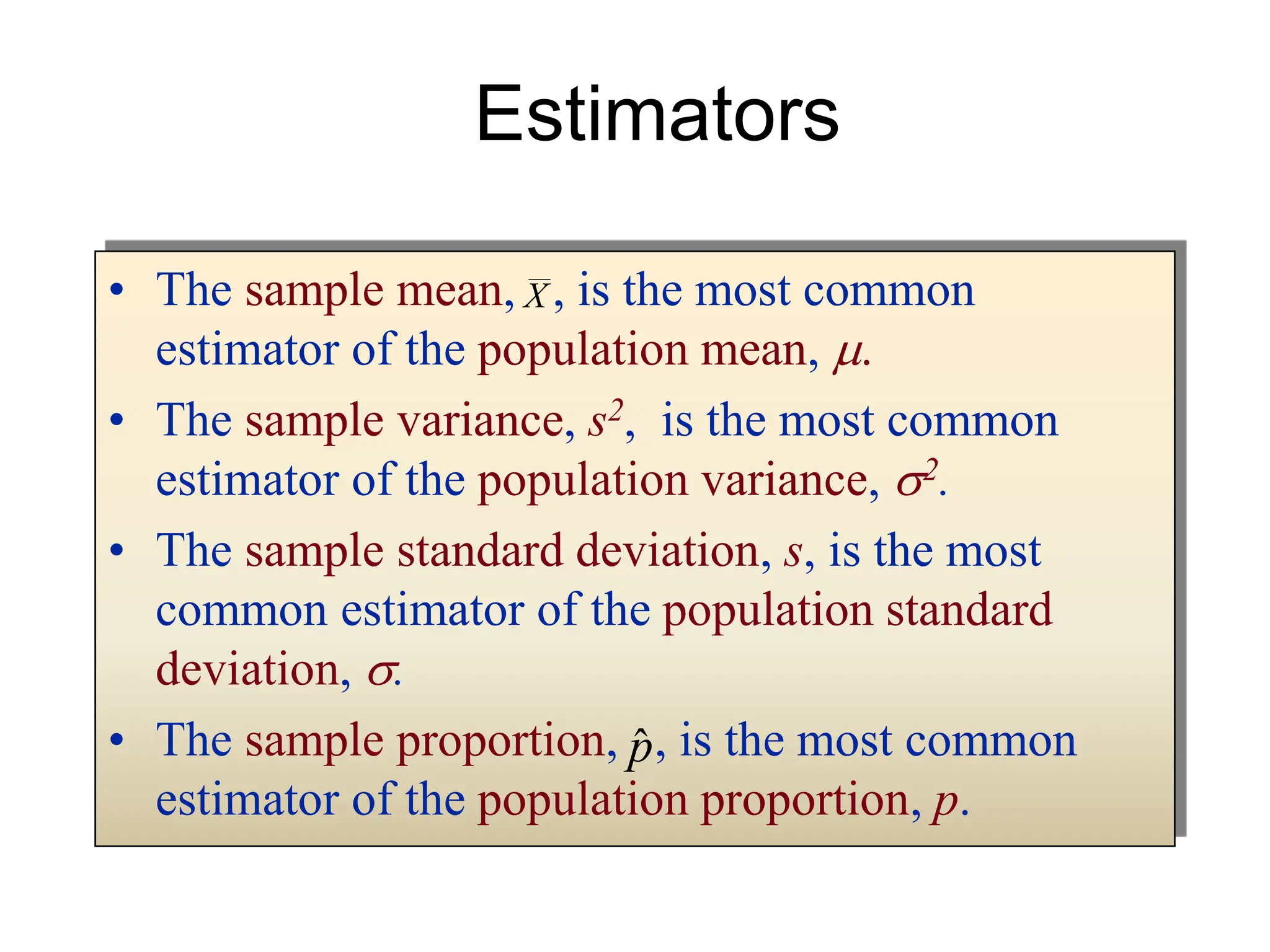 • The sample mean, , is the most common
estimator of the population mean, 
• The sample variance, s2, is the most common
estimator of the population variance, 2.
• The sample standard deviation, s, is the most
common estimator of the population standard
deviation, .
• The sample proportion, , is the most common
estimator of the population proportion, p.
Estimators
X
p̂
 