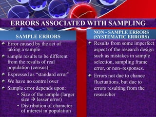 SAMPLE ERRORS
Error caused by the act of
taking a sample
sample results to be different
from the results of real
population (census)
Expressed as “standard error”
We have no control over
Sample error depends upon:
• Size of the sample (larger
size  lesser error)
• Distribution of character
of interest in population
NON - SAMPLE ERRORS
(SYSTEMATIC ERRORS)
Results from some imperfect
aspect of the research design
such as mistakes in sample
selection, sampling frame
error, or non–responses.
Errors not due to chance
fluctuations, but due to
errors resulting from the
researcher
ERRORS ASSOCIATED WITH SAMPLING
 
