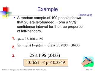 Example
                                                                                               (continued)
                    A random sample of 100 people shows
                     that 25 are left-handed. Form a 95%
                     confidence interval for the true proportion
                     of left-handers.
                1. ps 25/100 .25
                          Sps              ps(1 ps )/n                         .25(.75)/1
                                                                                        00 .0433
                2.

                3.                           .25 1.96 (.0433)
                                           0.1651                          p 0.3349
Statistics for Managers Using Microsoft Excel, 4e © 2004 Prentice-Hall, Inc.                         Chap 7-19
 