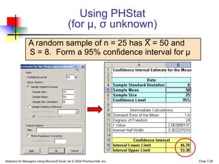 Using PHStat
                                               (for μ, σ unknown)
                 A random sample of n = 25 has X = 50 and
                 S = 8. Form a 95% confidence interval for μ




Statistics for Managers Using Microsoft Excel, 4e © 2004 Prentice-Hall, Inc.   Chap 7-29
 