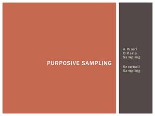 A Priori
Criteria
Sampling
Snowball
Sampling
PURPOSIVE SAMPLING
 