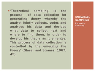  ‘Theoretical sampling is the
process of data collection for
generating theory whereby the
analyst jointly collects, codes and
analyses his data and decides
what data to collect next and
where to find them, in order to
develop his theory as it emerges.
This process of data collection is
controlled by the emerging the
theory’ (Glaser and Strauss, 1967,
45).
Purposive
Sampling
SNOWBALL
SAMPLING
 