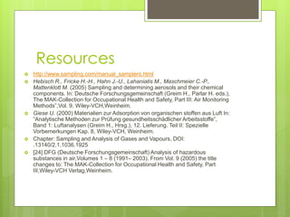 Resources
 http://www.sampling.com/manual_samplers.html
 Hebisch R., Fricke H.-H., Hahn J.-U., Lahaniatis M., Maschmeier C.-P.,
Mattenklott M. (2005) Sampling and determining aerosols and their chemical
components. In: Deutsche Forschungsgemeinschaft (Greim H., Parlar H. eds.),
The MAK-Collection for Occupational Health and Safety, Part III: Air Monitoring
Methods”,Vol. 9. Wiley-VCH,Weinheim.
 Giese U. (2000) Materialien zur Adsorption von organischen stoffen aus Luft In:
“Analytische Methoden zur Prüfung gesundheitsschädlicher Arbeitsstoffe”,
Band 1: Luftanalysen (Greim H., Hrsg.), 12. Lieferung. Teil II: Spezielle
Vorbemerkungen Kap. 8, Wiley-VCH, Weinheim.
 Chapter: Sampling and Analysis of Gases and Vapours, DOI:
.13140/2.1.1036.1925
 [24] DFG (Deutsche Forschungsgemeinschaft) Analysis of hazardous
substances in air,Volumes 1 – 8 (1991– 2003). From Vol. 9 (2005) the title
changes to: The MAK-Collection for Occupational Health and Safety, Part
III,Wiley-VCH Verlag,Weinheim.
 